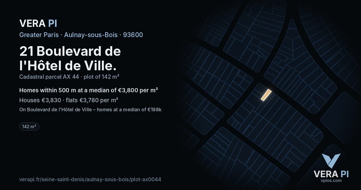 21 Boulevard de l'Hôtel de Ville, Aulnay-sous-Bois at night – the plot lit, the parcels around coloured by the prices near them
