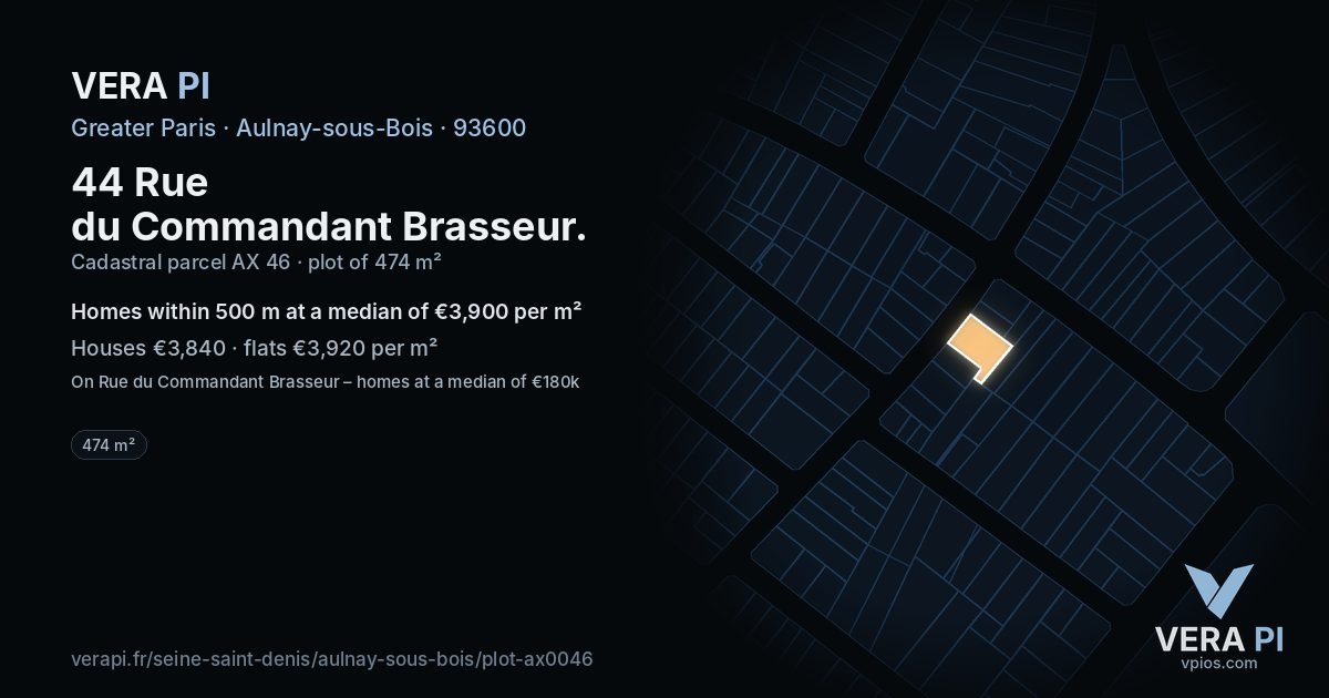 44 Rue du Commandant Brasseur, Aulnay-sous-Bois at night – the plot lit, the parcels around coloured by the prices near them