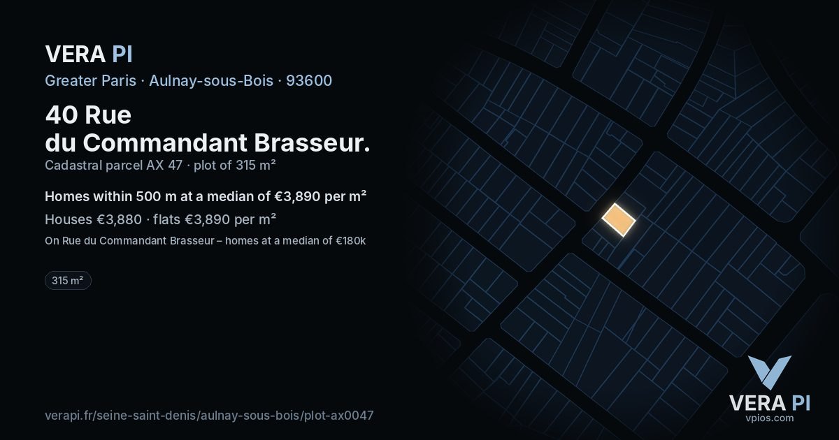 40 Rue du Commandant Brasseur, Aulnay-sous-Bois at night – the plot lit, the parcels around coloured by the prices near them