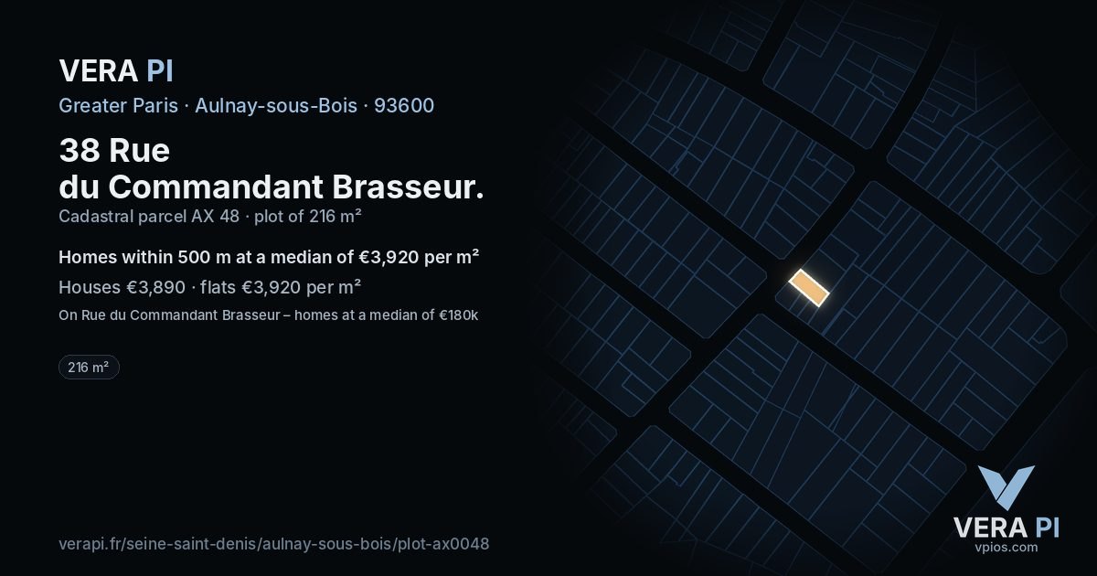 38 Rue du Commandant Brasseur, Aulnay-sous-Bois at night – the plot lit, the parcels around coloured by the prices near them