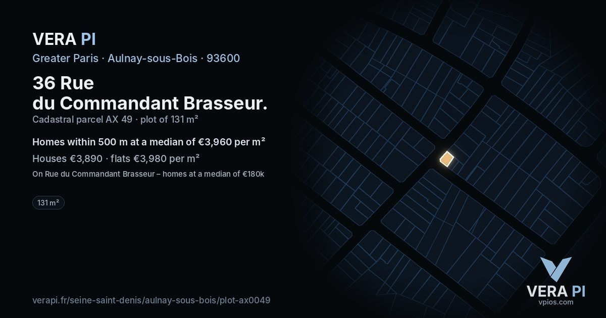 36 Rue du Commandant Brasseur, Aulnay-sous-Bois at night – the plot lit, the parcels around coloured by the prices near them