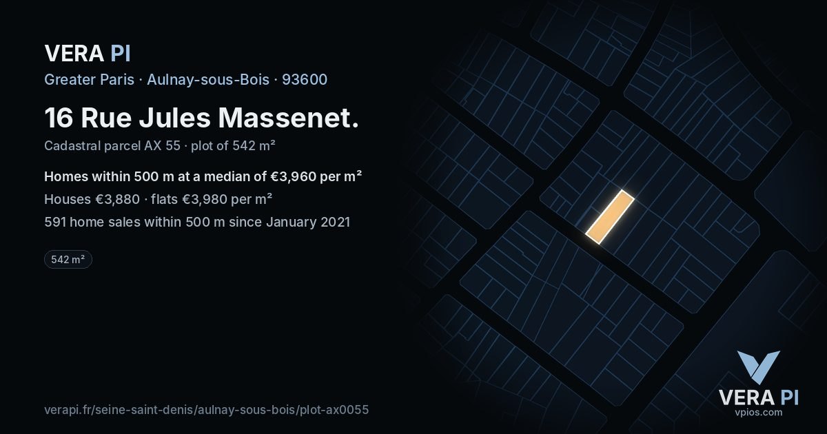16 Rue Jules Massenet, Aulnay-sous-Bois at night – the plot lit, the parcels around coloured by the prices near them