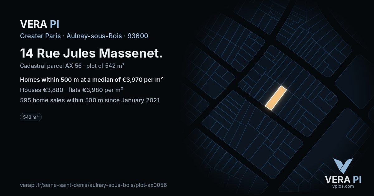 14 Rue Jules Massenet, Aulnay-sous-Bois at night – the plot lit, the parcels around coloured by the prices near them
