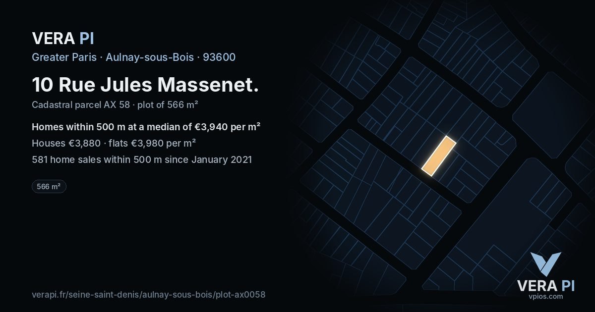 10 Rue Jules Massenet, Aulnay-sous-Bois at night – the plot lit, the parcels around coloured by the prices near them