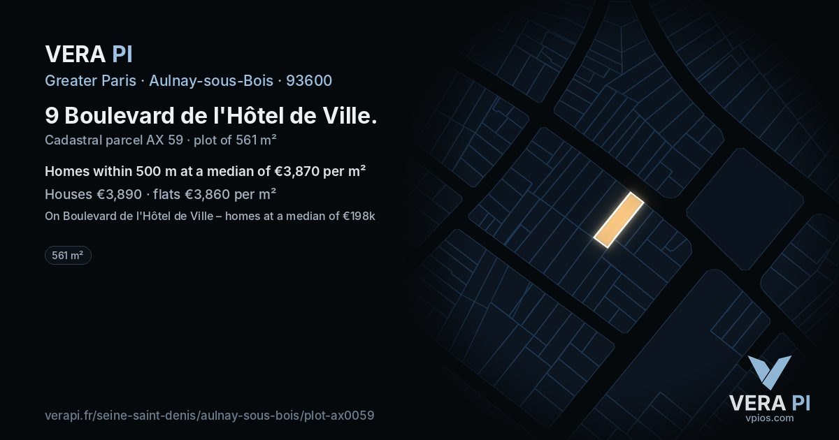9 Boulevard de l'Hôtel de Ville, Aulnay-sous-Bois at night – the plot lit, the parcels around coloured by the prices near them