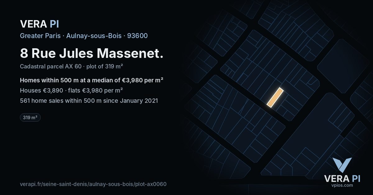 8 Rue Jules Massenet, Aulnay-sous-Bois at night – the plot lit, the parcels around coloured by the prices near them