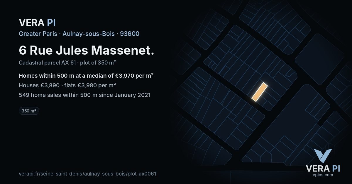 6 Rue Jules Massenet, Aulnay-sous-Bois at night – the plot lit, the parcels around coloured by the prices near them