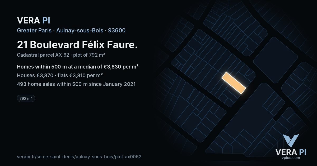 21 Boulevard Félix Faure, Aulnay-sous-Bois at night – the plot lit, the parcels around coloured by the prices near them