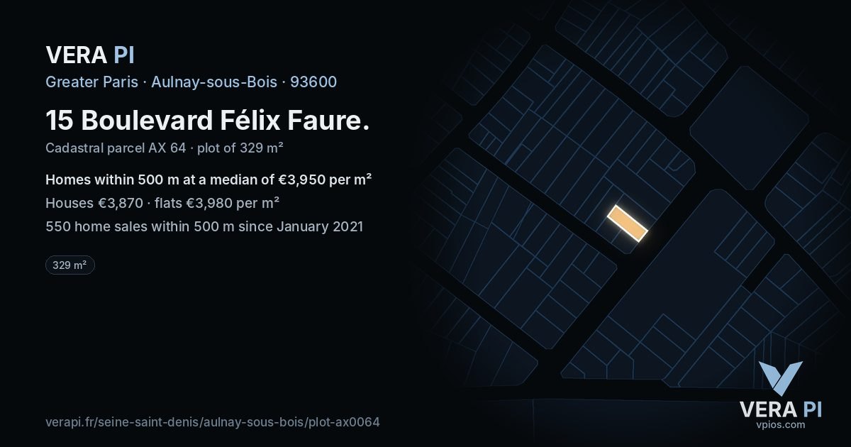 15 Boulevard Félix Faure, Aulnay-sous-Bois at night – the plot lit, the parcels around coloured by the prices near them