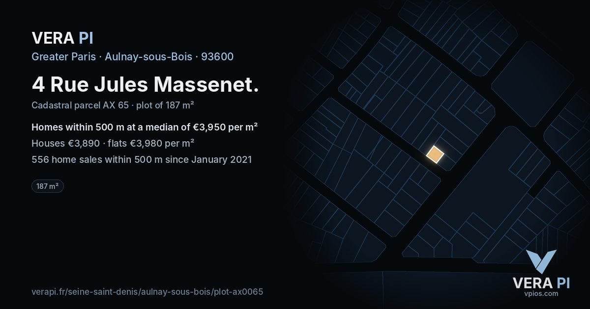 4 Rue Jules Massenet, Aulnay-sous-Bois at night – the plot lit, the parcels around coloured by the prices near them