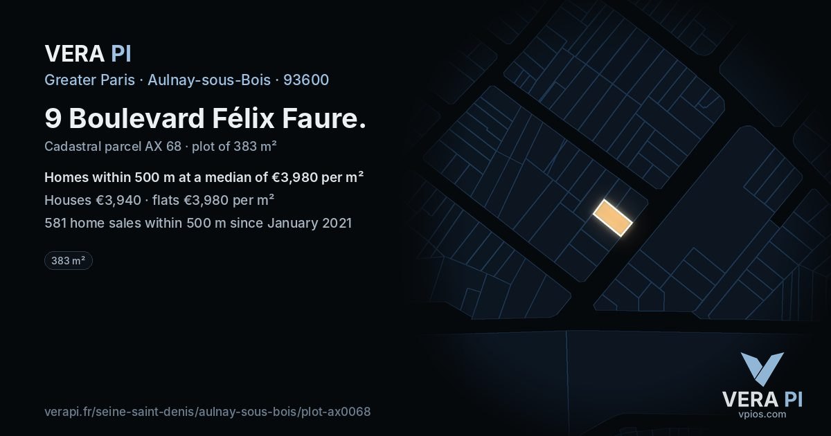 9 Boulevard Félix Faure, Aulnay-sous-Bois at night – the plot lit, the parcels around coloured by the prices near them
