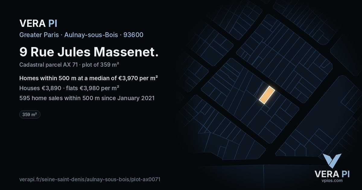 9 Rue Jules Massenet, Aulnay-sous-Bois at night – the plot lit, the parcels around coloured by the prices near them
