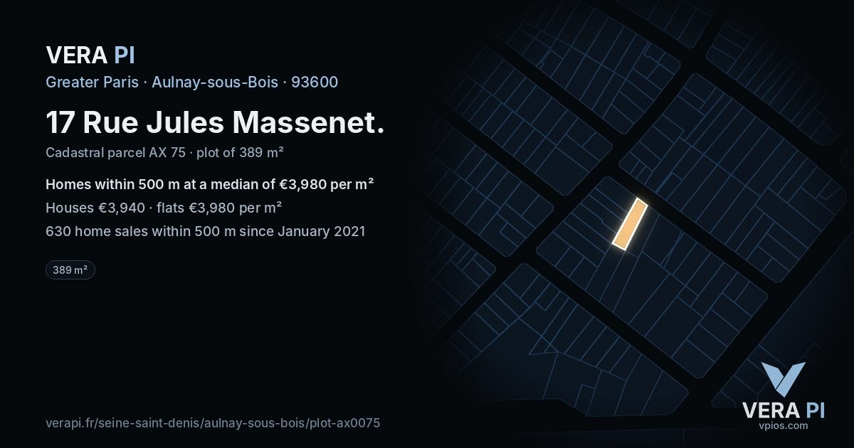 17 Rue Jules Massenet, Aulnay-sous-Bois at night – the plot lit, the parcels around coloured by the prices near them