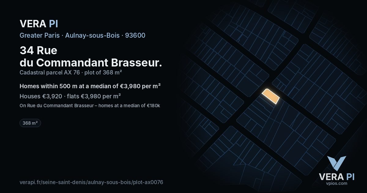 34 Rue du Commandant Brasseur, Aulnay-sous-Bois at night – the plot lit, the parcels around coloured by the prices near them