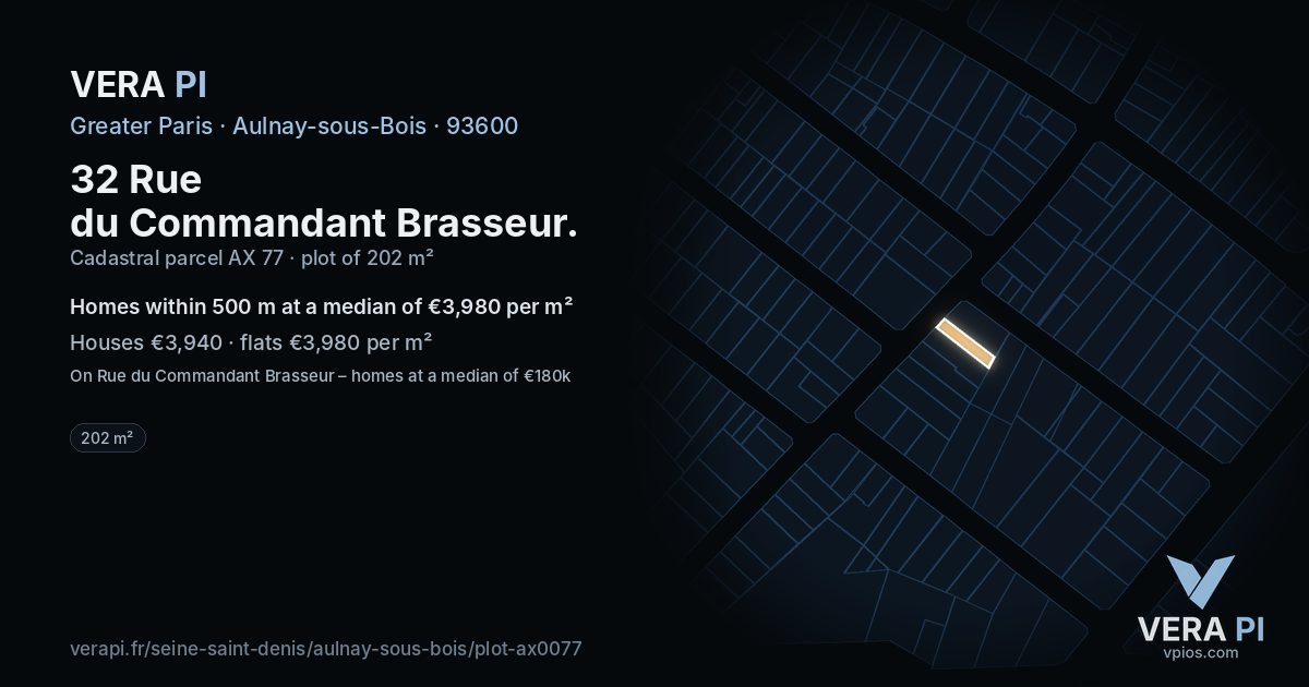32 Rue du Commandant Brasseur, Aulnay-sous-Bois at night – the plot lit, the parcels around coloured by the prices near them