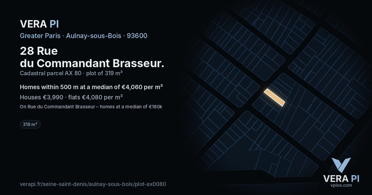 28 Rue du Commandant Brasseur, Aulnay-sous-Bois at night – the plot lit, the parcels around coloured by the prices near them
