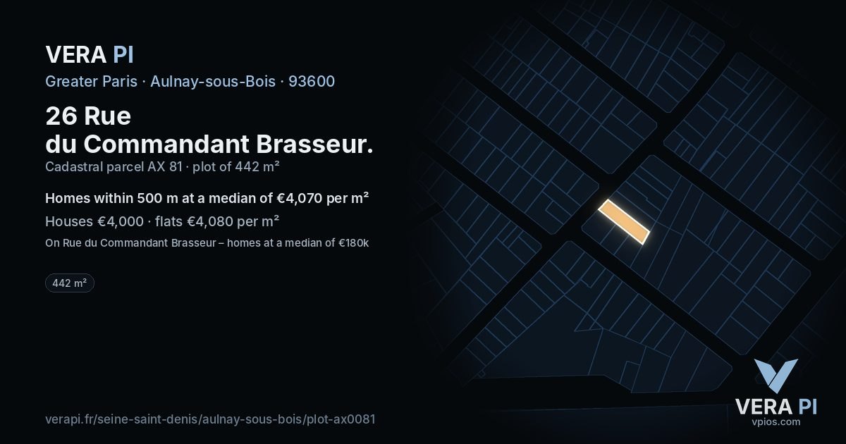 26 Rue du Commandant Brasseur, Aulnay-sous-Bois at night – the plot lit, the parcels around coloured by the prices near them