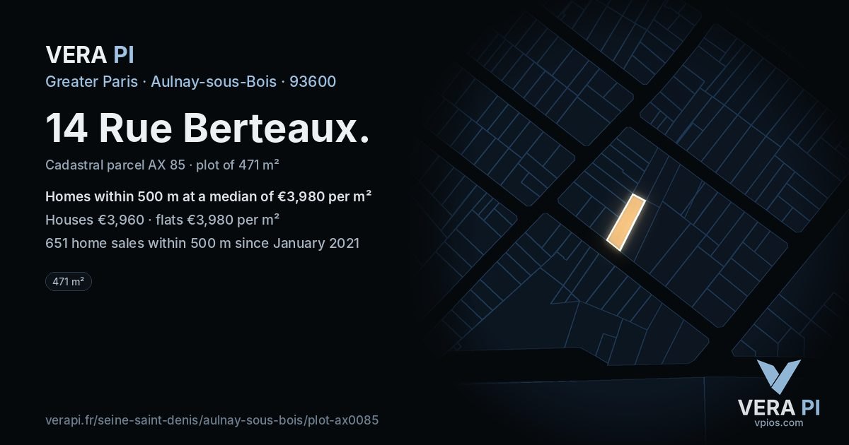 14 Rue Berteaux, Aulnay-sous-Bois at night – the plot lit, the parcels around coloured by the prices near them