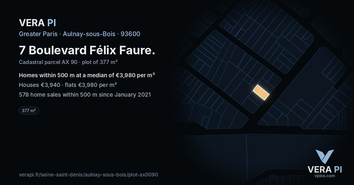 7 Boulevard Félix Faure, Aulnay-sous-Bois at night – the plot lit, the parcels around coloured by the prices near them