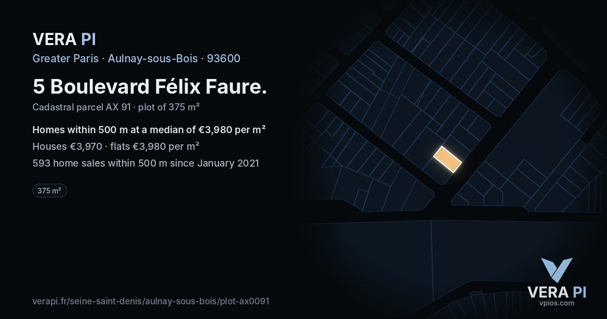 5 Boulevard Félix Faure, Aulnay-sous-Bois at night – the plot lit, the parcels around coloured by the prices near them