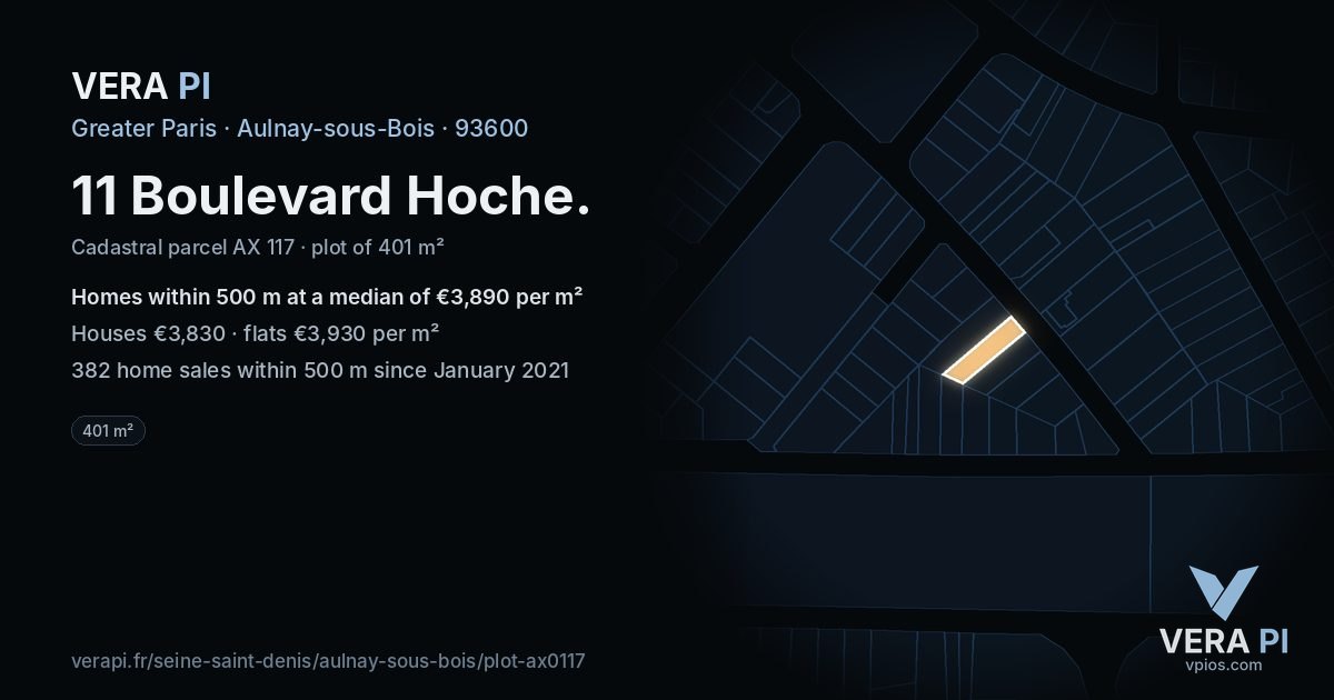 11 Boulevard Hoche, Aulnay-sous-Bois at night – the plot lit, the parcels around coloured by the prices near them