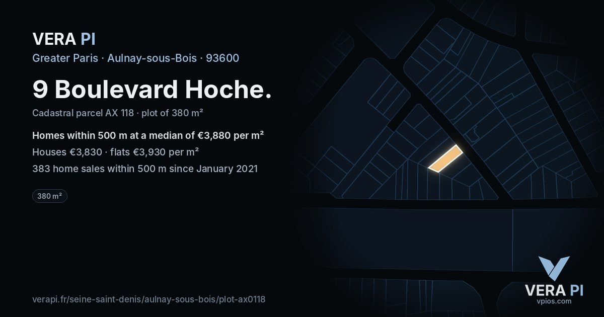 9 Boulevard Hoche, Aulnay-sous-Bois at night – the plot lit, the parcels around coloured by the prices near them