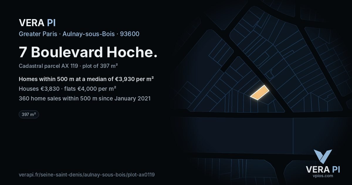 7 Boulevard Hoche, Aulnay-sous-Bois at night – the plot lit, the parcels around coloured by the prices near them
