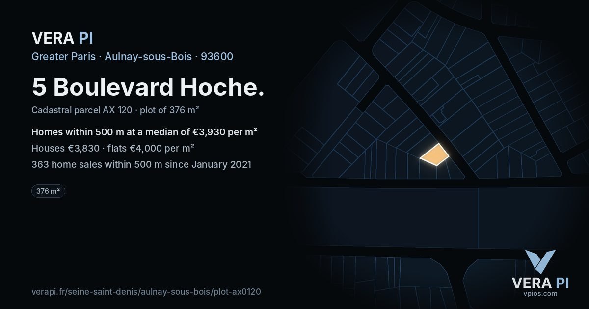 5 Boulevard Hoche, Aulnay-sous-Bois at night – the plot lit, the parcels around coloured by the prices near them