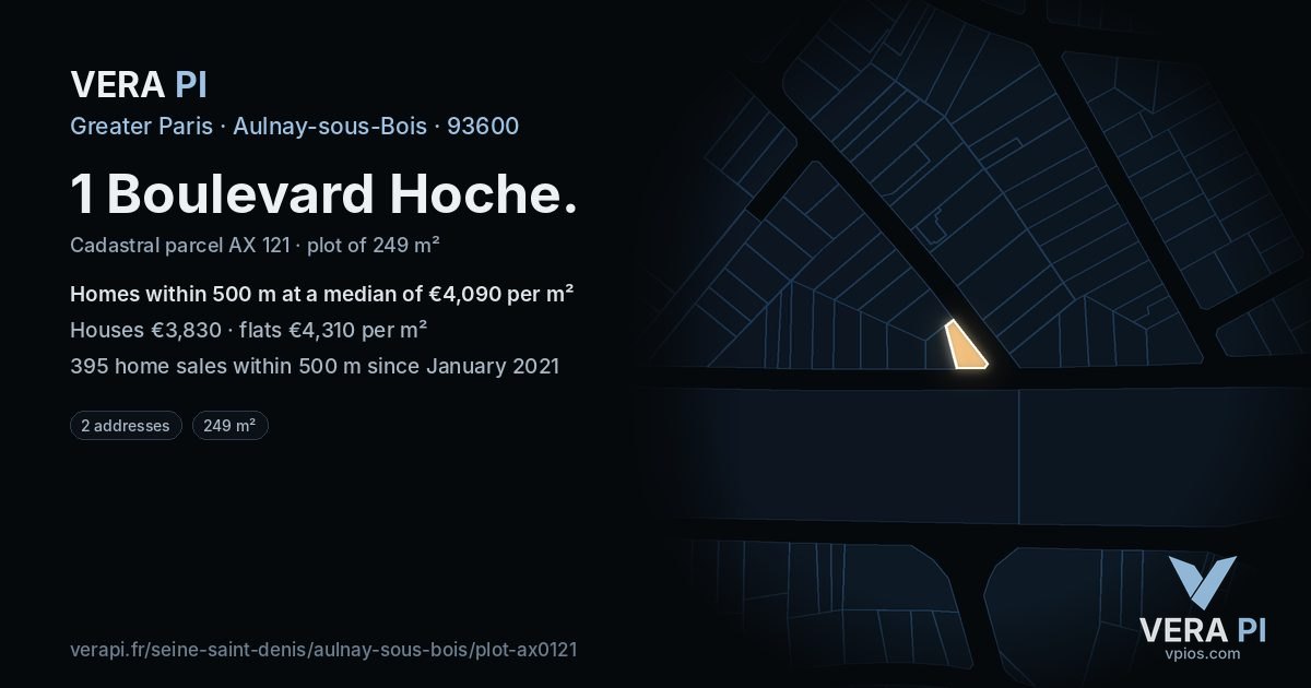 1 Boulevard Hoche, Aulnay-sous-Bois at night – the plot lit, the parcels around coloured by the prices near them