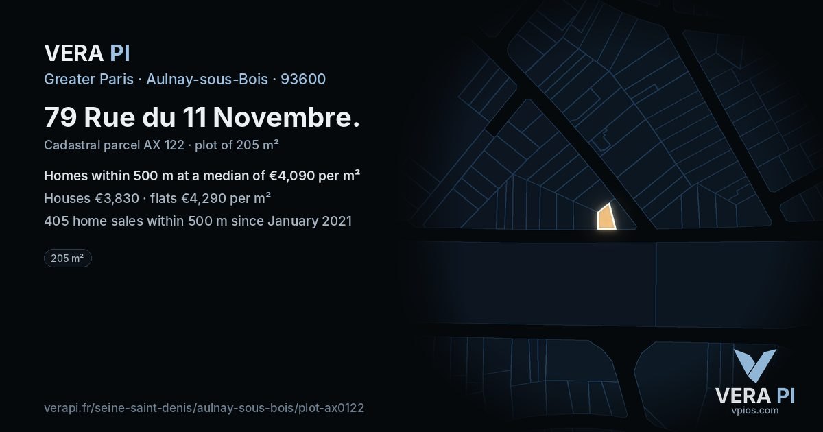 79 Rue du 11 Novembre, Aulnay-sous-Bois at night – the plot lit, the parcels around coloured by the prices near them