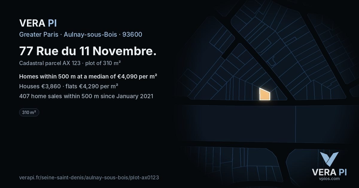 77 Rue du 11 Novembre, Aulnay-sous-Bois at night – the plot lit, the parcels around coloured by the prices near them