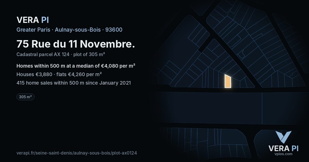 75 Rue du 11 Novembre, Aulnay-sous-Bois at night – the plot lit, the parcels around coloured by the prices near them