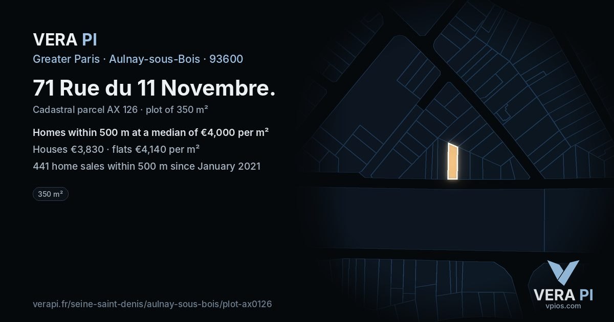 71 Rue du 11 Novembre, Aulnay-sous-Bois at night – the plot lit, the parcels around coloured by the prices near them