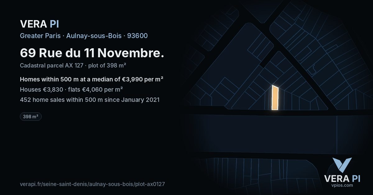 69 Rue du 11 Novembre, Aulnay-sous-Bois at night – the plot lit, the parcels around coloured by the prices near them
