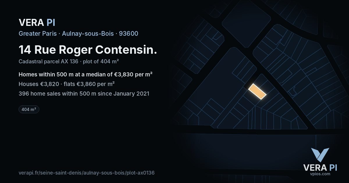 14 Rue Roger Contensin, Aulnay-sous-Bois at night – the plot lit, the parcels around coloured by the prices near them