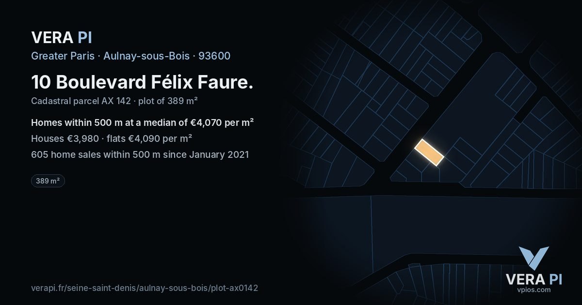 10 Boulevard Félix Faure, Aulnay-sous-Bois at night – the plot lit, the parcels around coloured by the prices near them