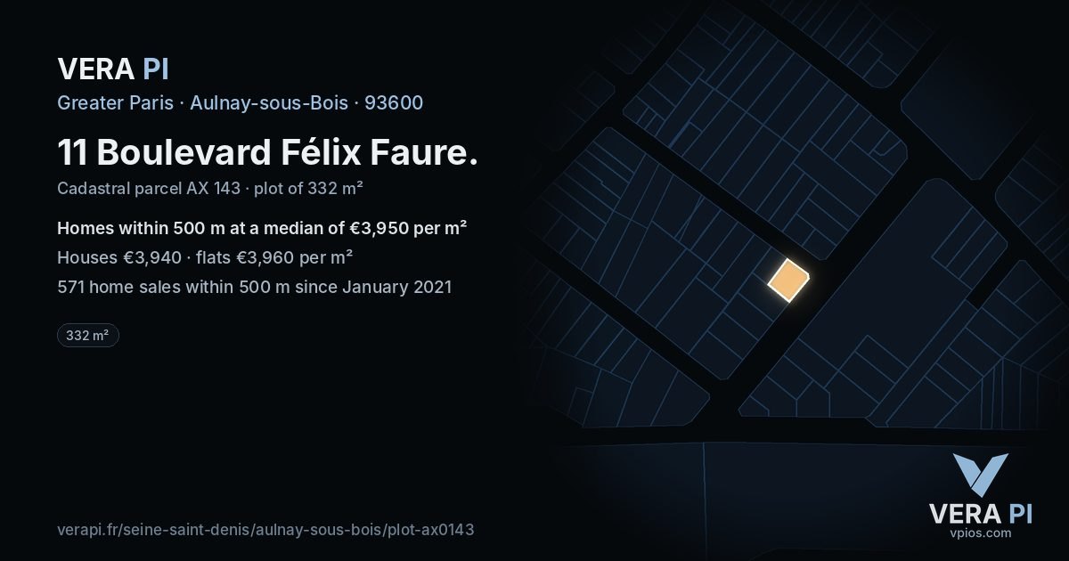 11 Boulevard Félix Faure, Aulnay-sous-Bois at night – the plot lit, the parcels around coloured by the prices near them