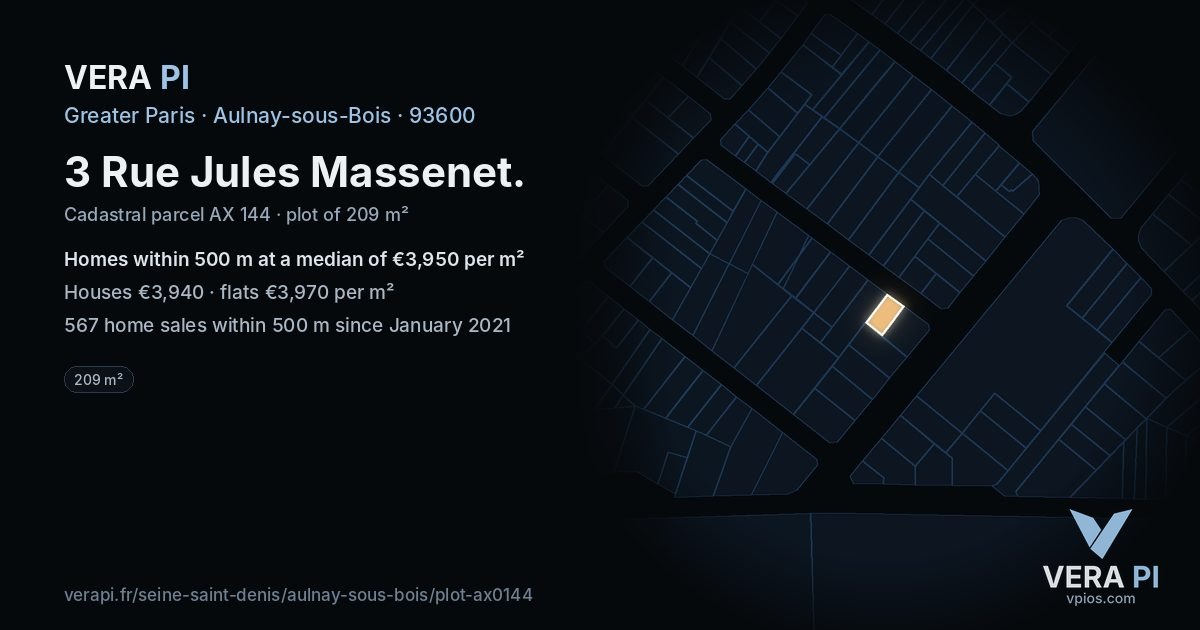 3 Rue Jules Massenet, Aulnay-sous-Bois at night – the plot lit, the parcels around coloured by the prices near them