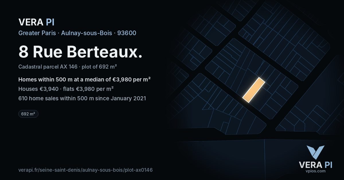 8 Rue Berteaux, Aulnay-sous-Bois at night – the plot lit, the parcels around coloured by the prices near them