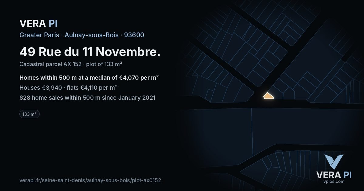 49 Rue du 11 Novembre, Aulnay-sous-Bois at night – the plot lit, the parcels around coloured by the prices near them
