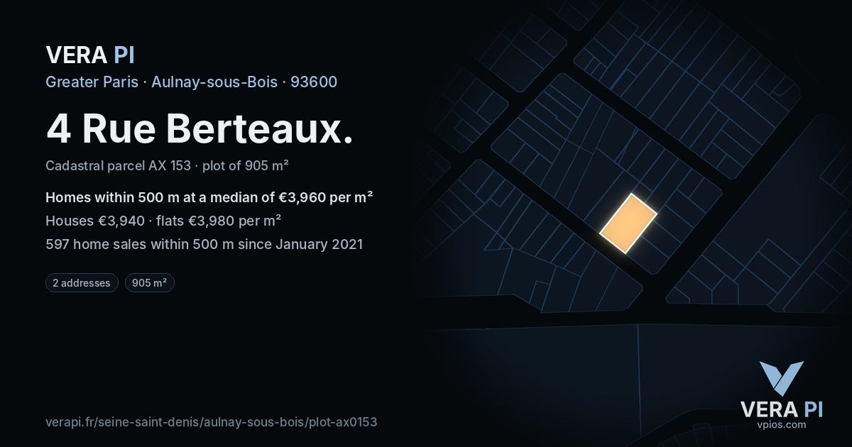 4 Rue Berteaux, Aulnay-sous-Bois at night – the plot lit, the parcels around coloured by the prices near them