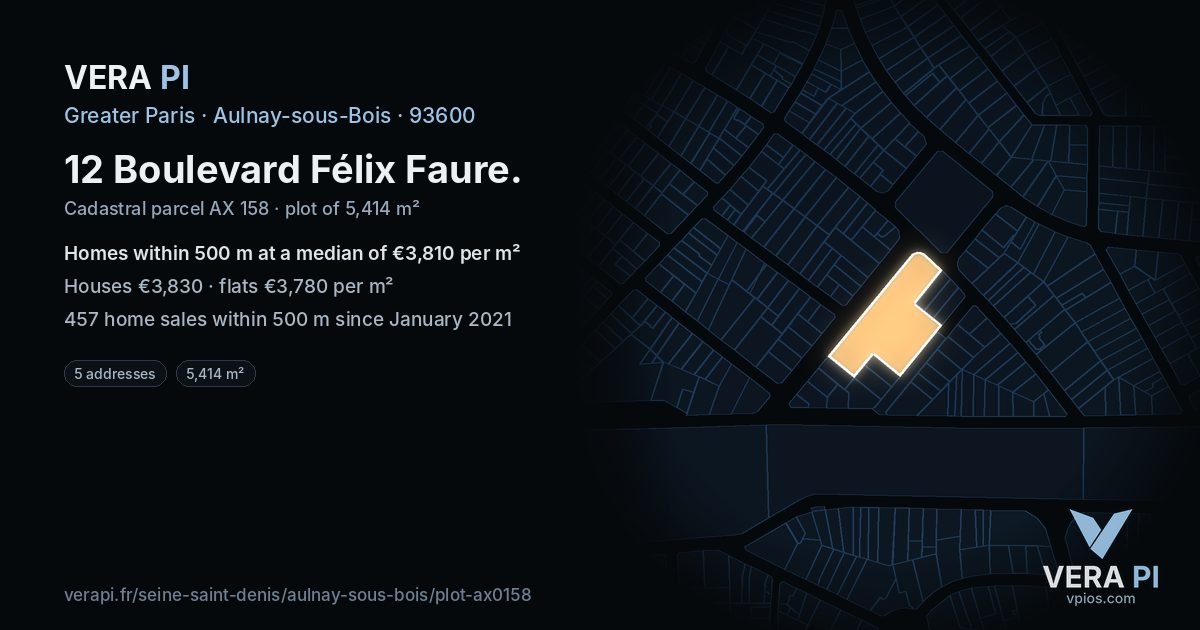 12 Boulevard Félix Faure, Aulnay-sous-Bois at night – the plot lit, the parcels around coloured by the prices near them