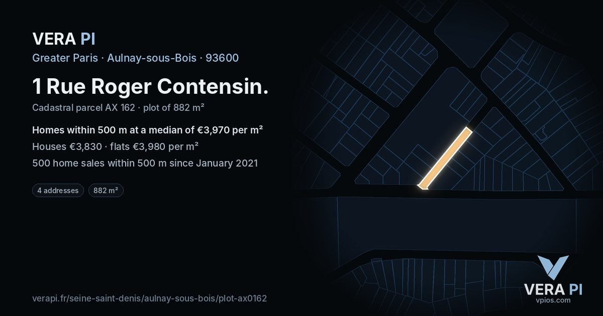 1 Rue Roger Contensin, Aulnay-sous-Bois at night – the plot lit, the parcels around coloured by the prices near them