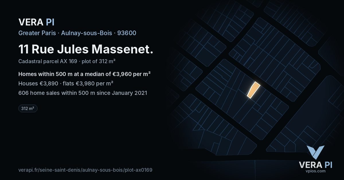 11 Rue Jules Massenet, Aulnay-sous-Bois at night – the plot lit, the parcels around coloured by the prices near them