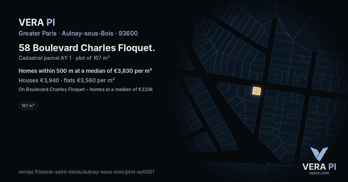 58 Boulevard Charles Floquet, Aulnay-sous-Bois at night – the plot lit, the parcels around coloured by the prices near them