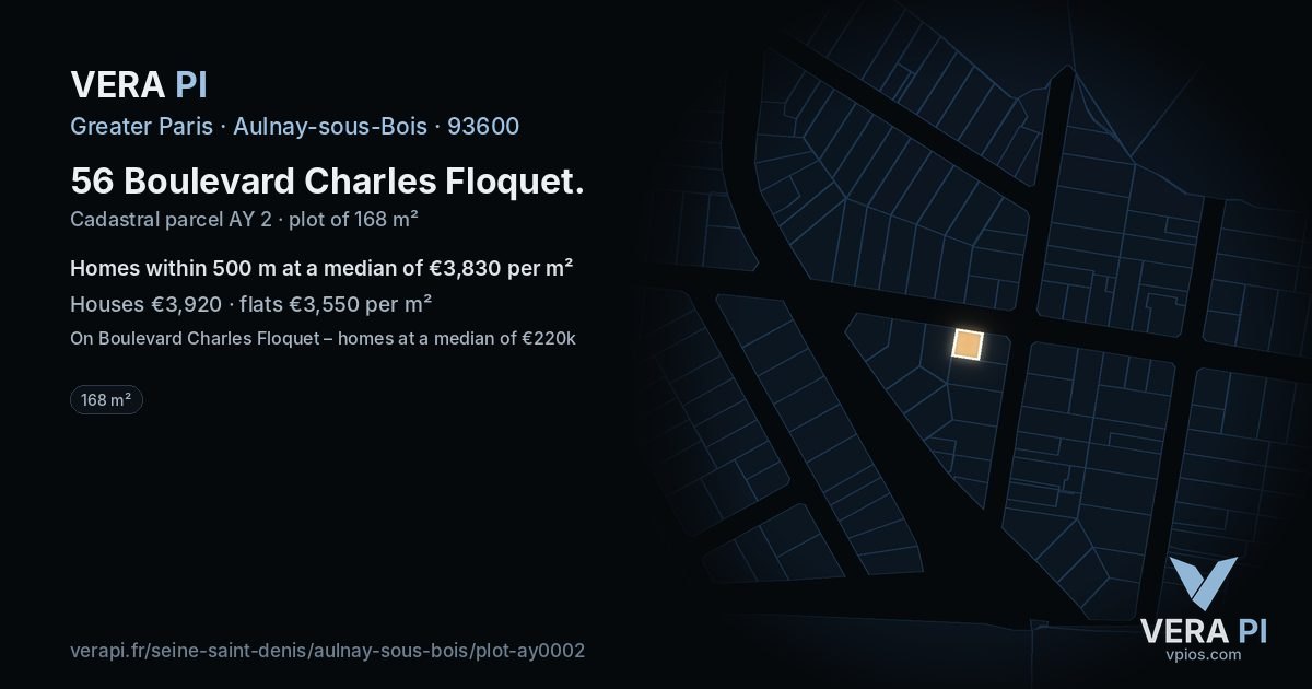 56 Boulevard Charles Floquet, Aulnay-sous-Bois at night – the plot lit, the parcels around coloured by the prices near them