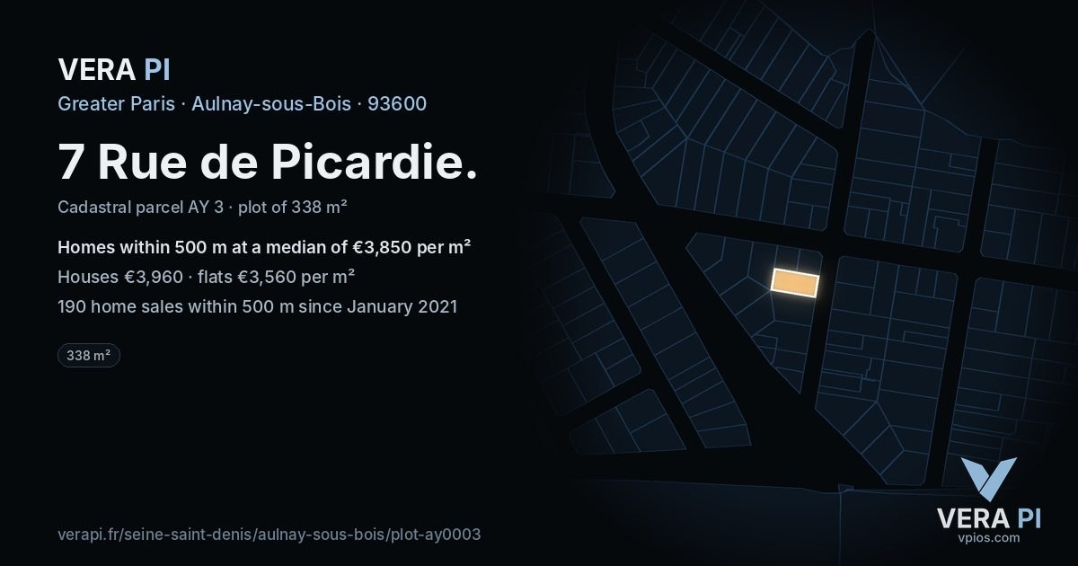 7 Rue de Picardie, Aulnay-sous-Bois at night – the plot lit, the parcels around coloured by the prices near them