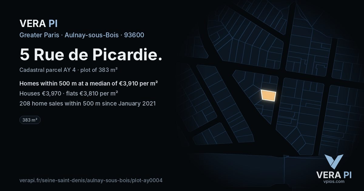 5 Rue de Picardie, Aulnay-sous-Bois at night – the plot lit, the parcels around coloured by the prices near them