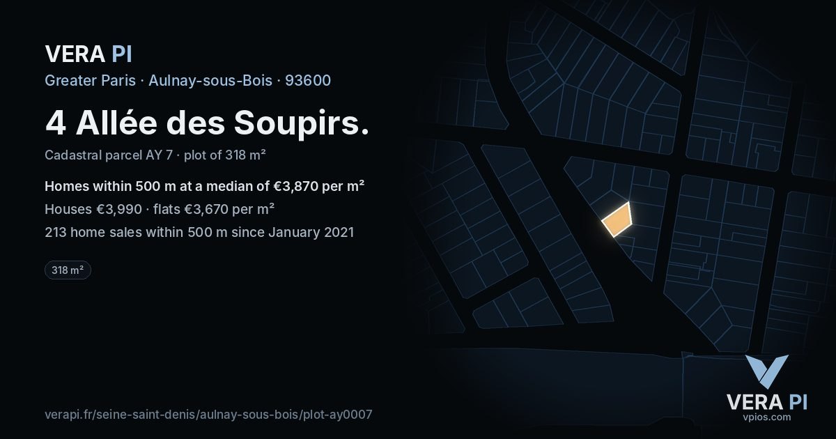 4 Allée des Soupirs, Aulnay-sous-Bois at night – the plot lit, the parcels around coloured by the prices near them