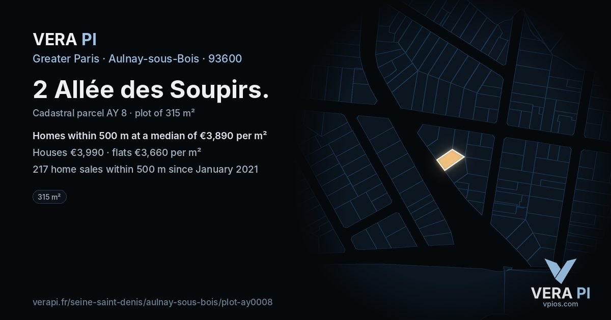 2 Allée des Soupirs, Aulnay-sous-Bois at night – the plot lit, the parcels around coloured by the prices near them